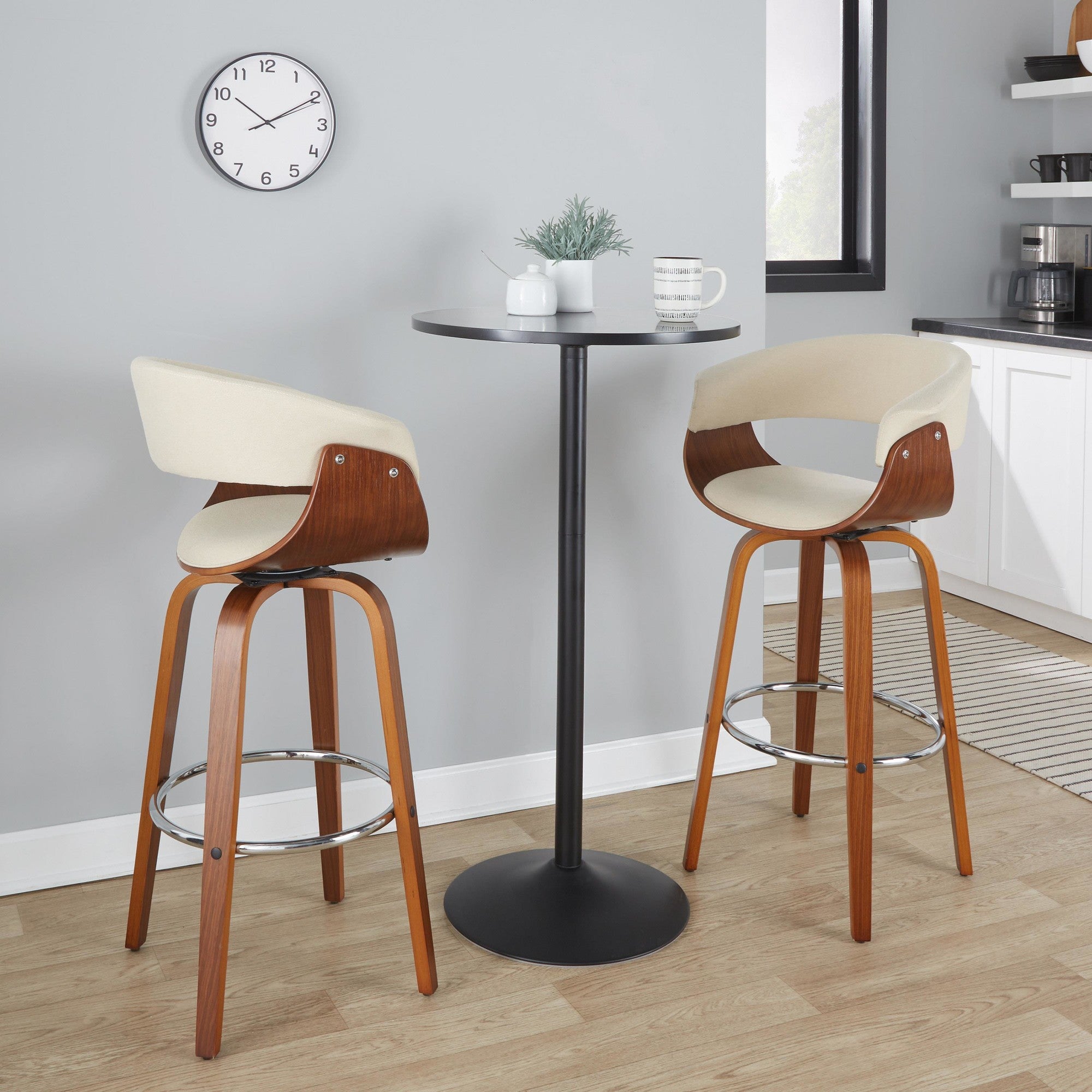 Vintage Mod 30" Fixed-Height Barstool - Set of 2 - Walnut Wood, Chrome Metal, Cream Fabric