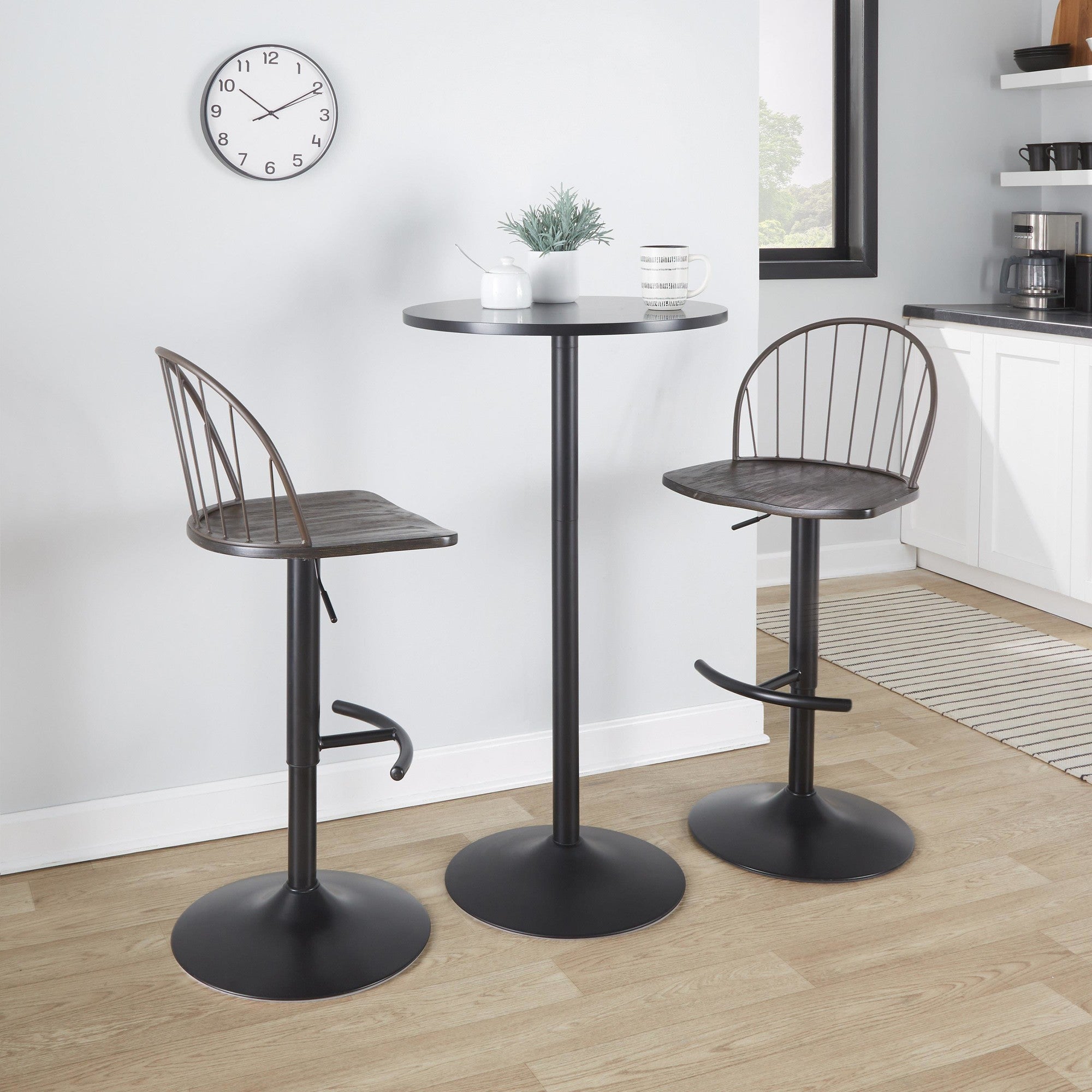 Riley Adjustable Barstool - Set of 2 - Black Metal, Bronze Metal, Dark Walnut Wood, Brown PU