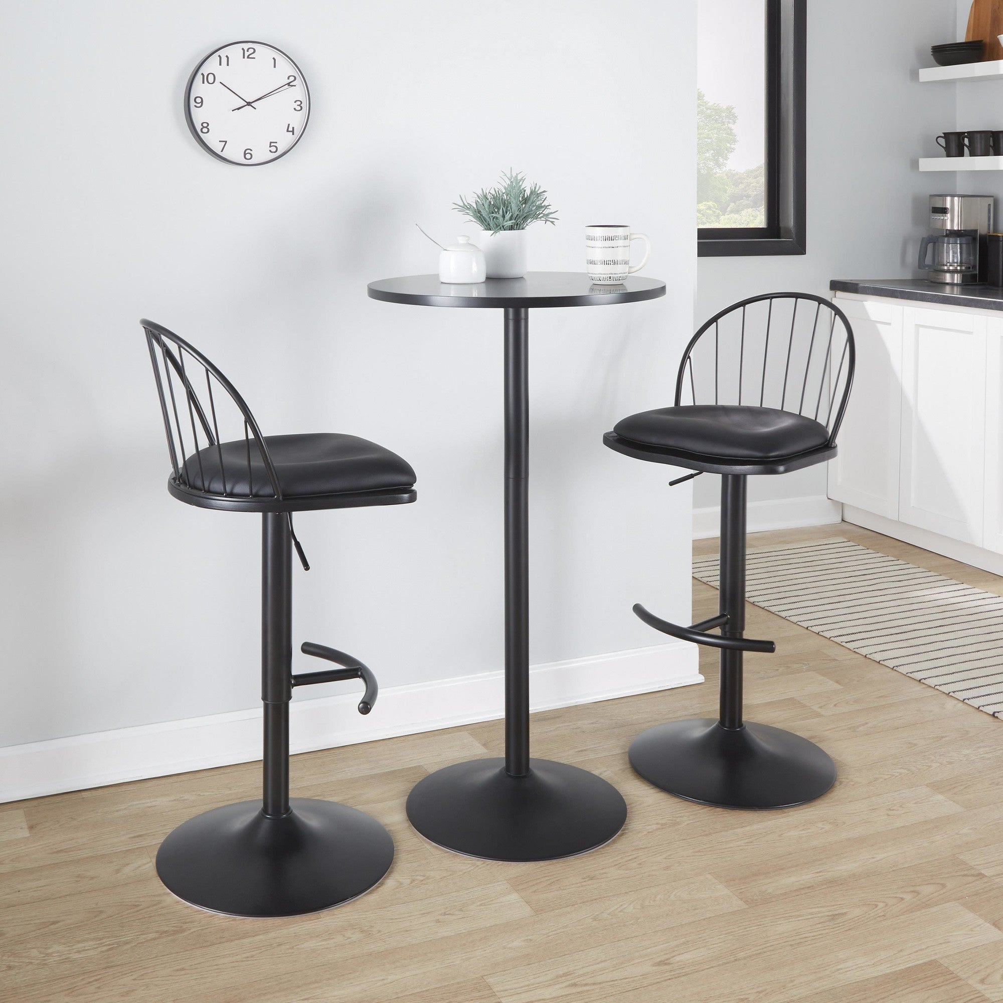 Riley Adjustable Barstool - Set of 2 - Black Metal, Black Wood, Black PU