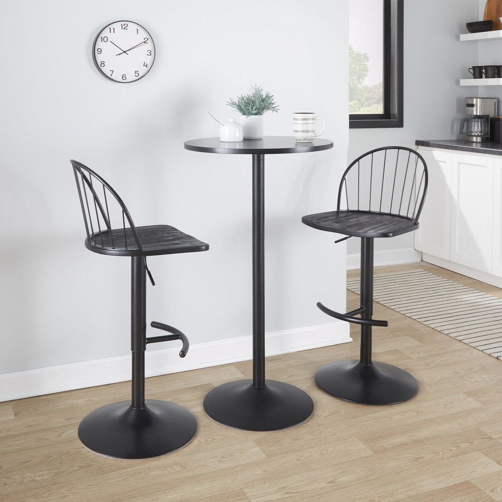 Riley Adjustable Barstool - Set of 2 - Black Metal, Black Wood, Black PU