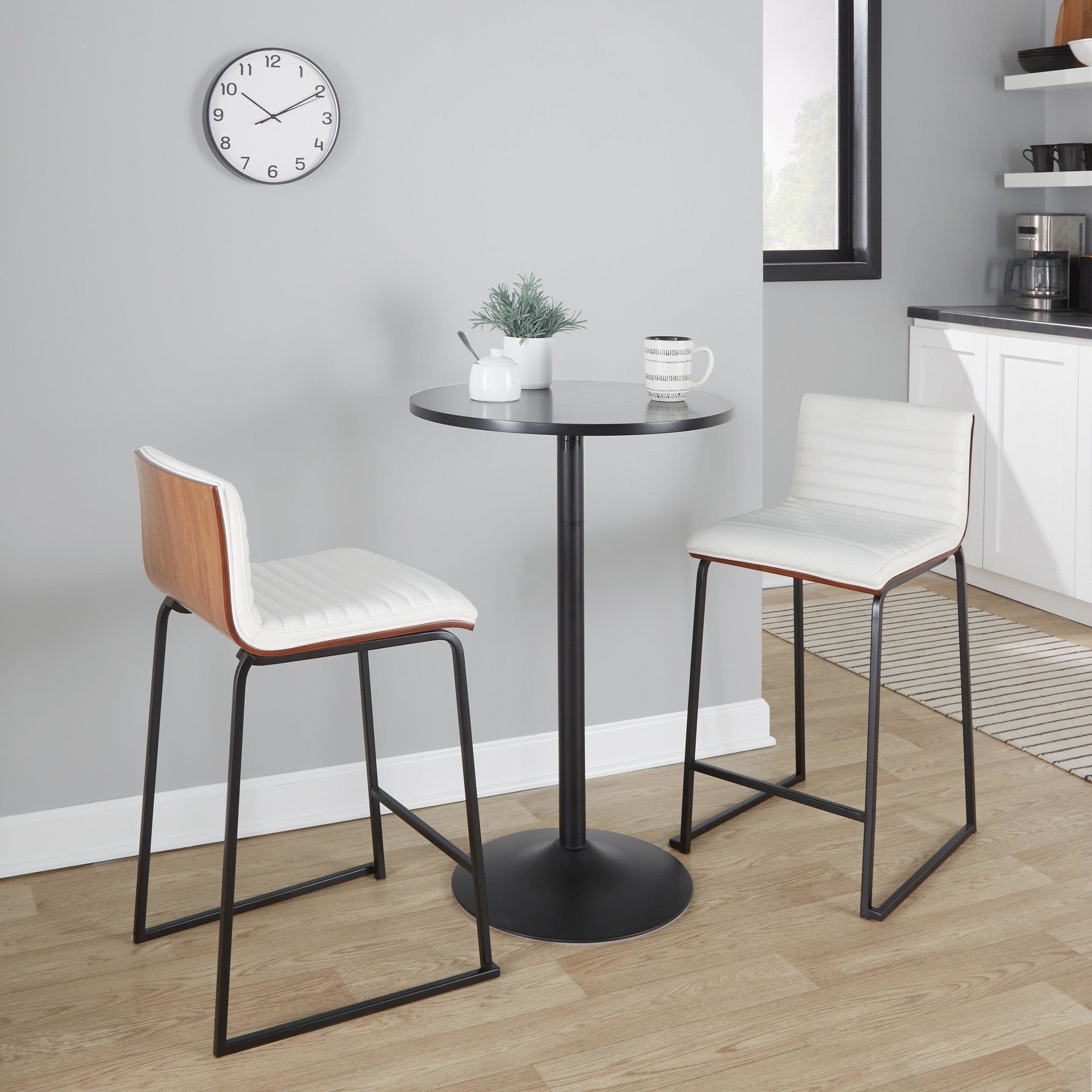 Mason Mara 26" Fixed-Height Counter Stool - Set of 2 - Black Metal, Walnut Wood, White PU
