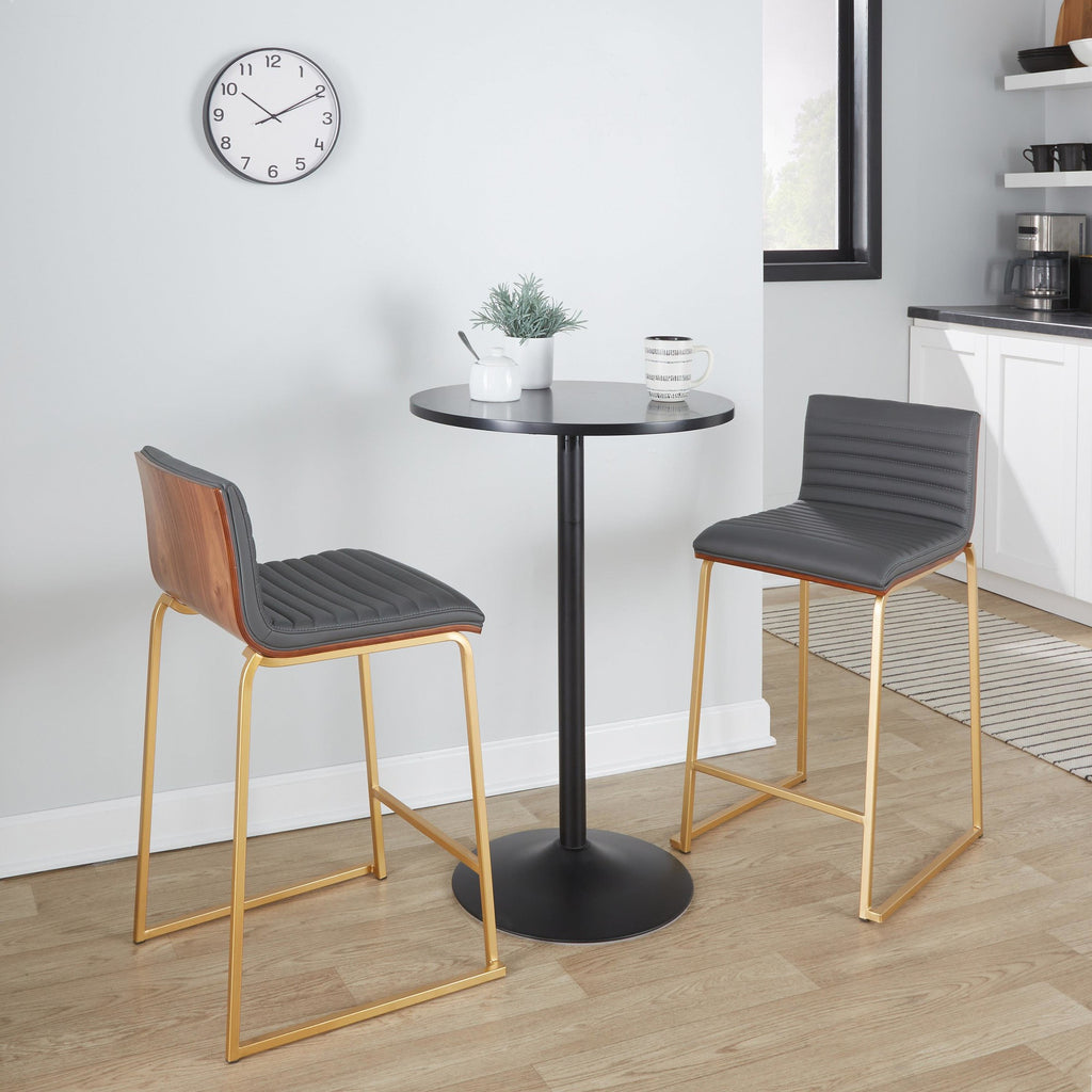 Mason Mara 26" Fixed-Height Counter Stool - Set of 2 - Gold Metal, Walnut Wood, Grey PU