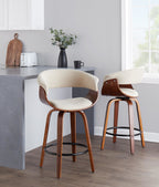 Vintage Mod 26" Fixed-Height Counter Stool - Set of 2 - Walnut Wood, Black Metal, Cream Fabric