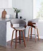 Vintage Mod 26" Fixed-Height Counter Stool - Set of 2 - Walnut Wood, Black Metal, Light Grey Fabric