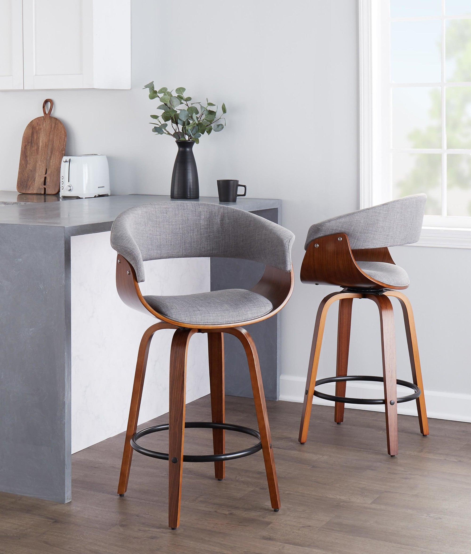 Vintage Mod 26" Fixed-Height Counter Stool - Set of 2 - Walnut Wood, Black Metal, Light Grey Fabric