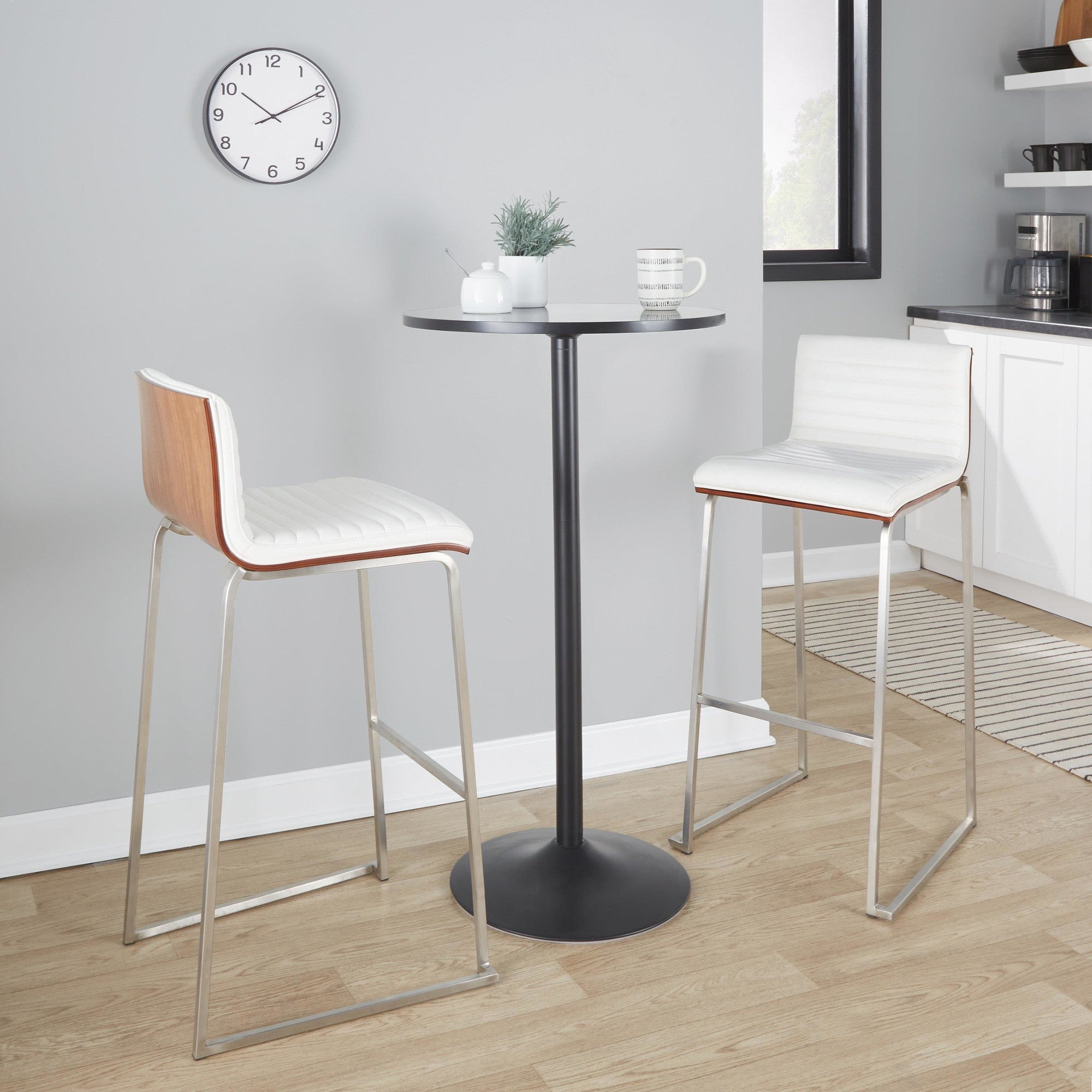 Mason Mara 30" Fixed-Height Barstool - Set of 2 - Stainless Steel, Walnut Wood, White PU
