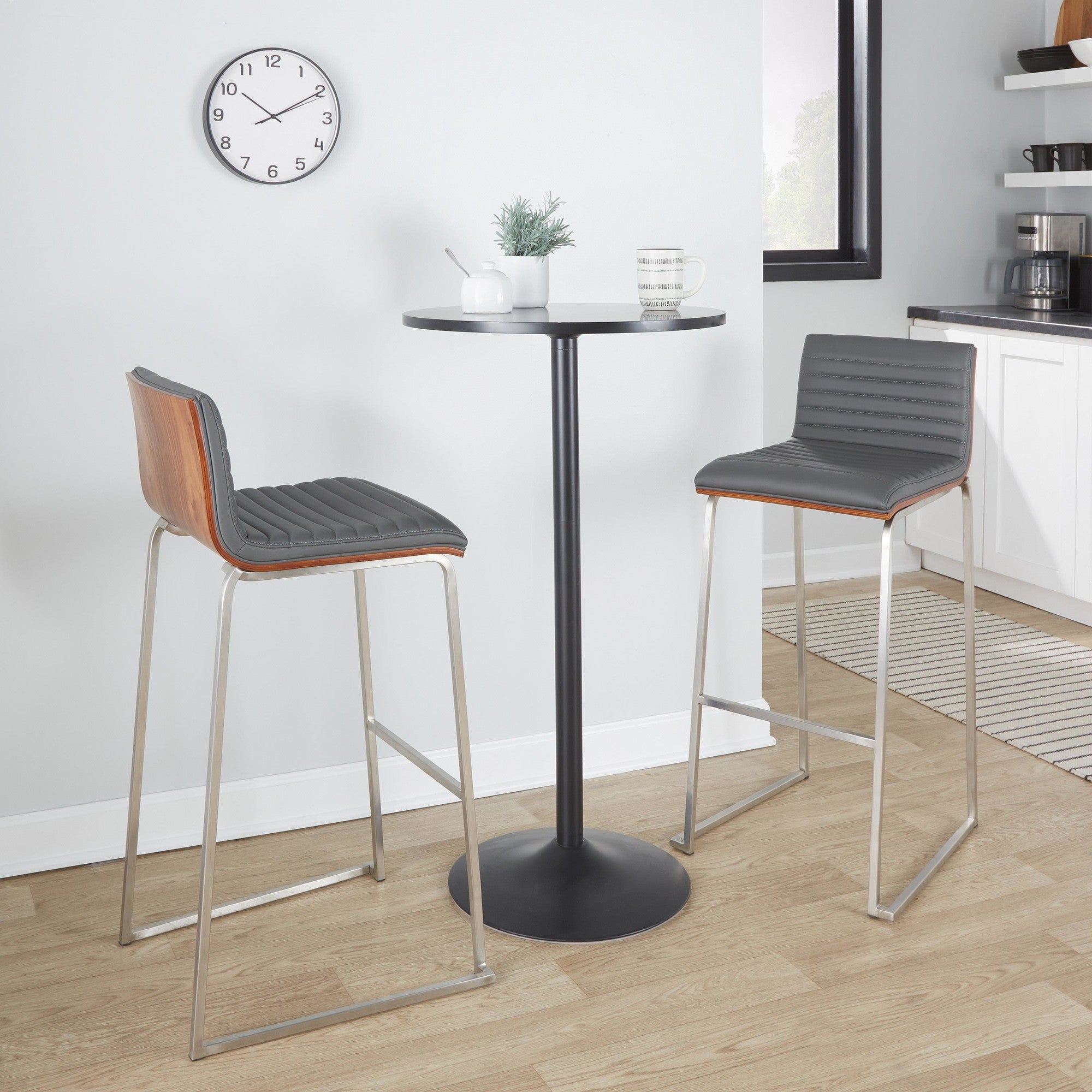 Mason Mara 30" Fixed-Height Barstool - Set of 2 - Stainless Steel, Walnut Wood, Grey PU