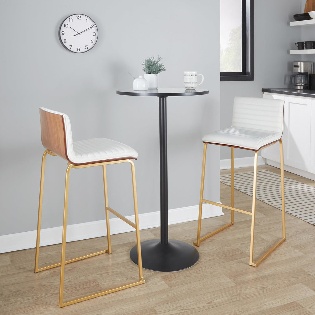 Mason Mara 30" Fixed-Height Barstool - Set of 2 - Gold Metal, Walnut Wood, White PU