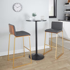 Mason Mara 30" Fixed-Height Barstool - Set of 2 - Gold Metal, Walnut Wood, Grey PU