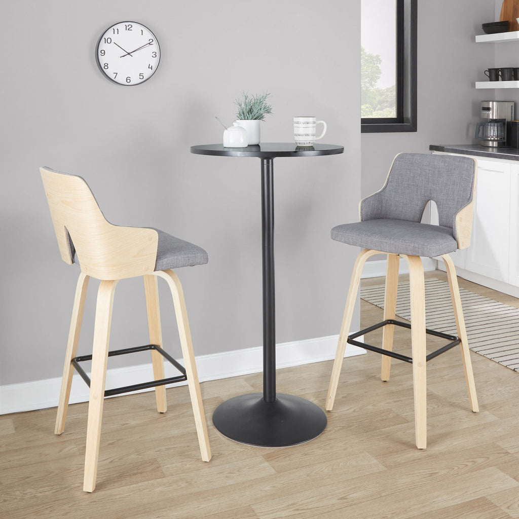 Stella 30" Fixed-Height Barstool - Set of 2 - Natural Wood, Light Grey Fabric, Black Metal