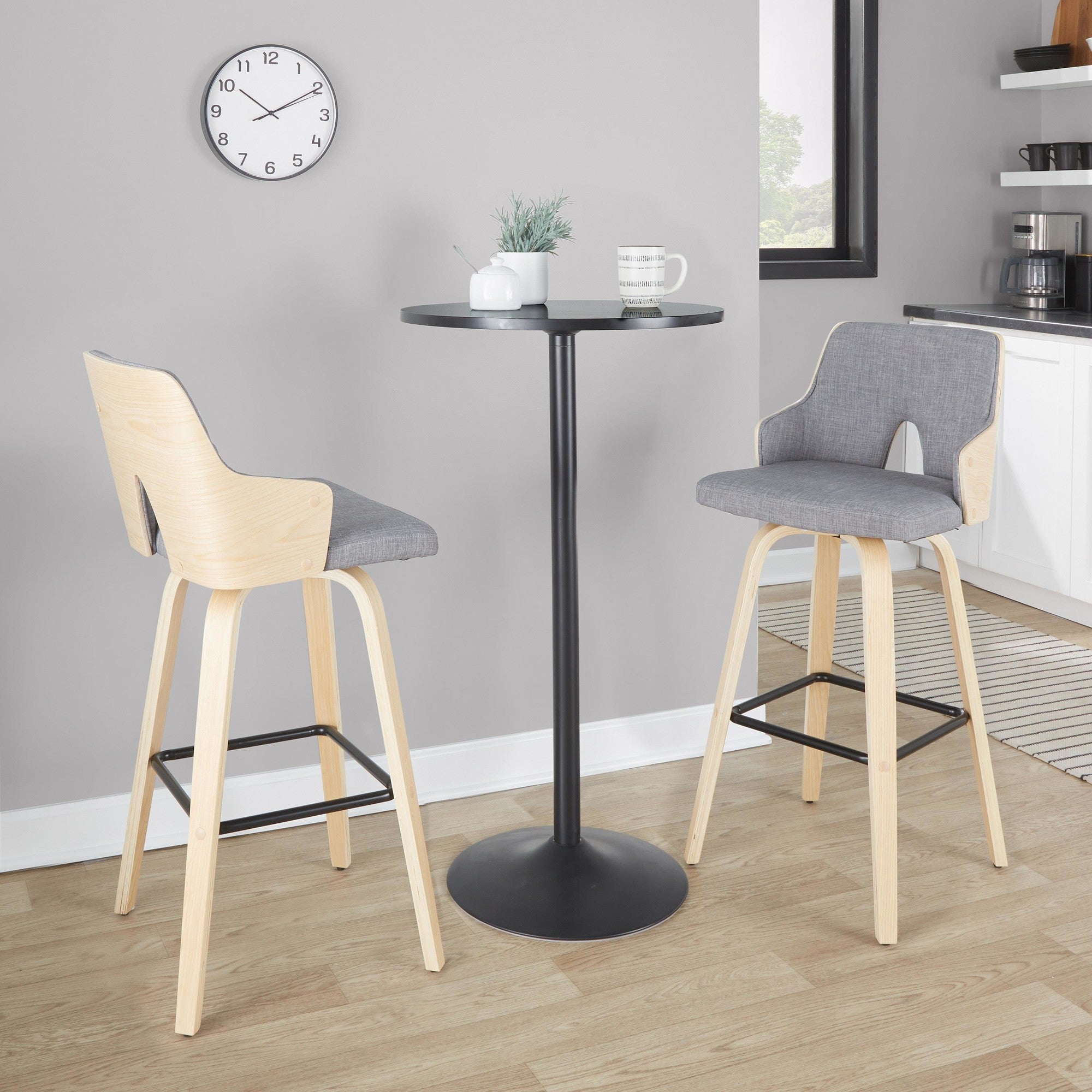 Stella 30" Fixed-Height Barstool - Set of 2 - Natural Wood, Light Grey Fabric, Black Metal