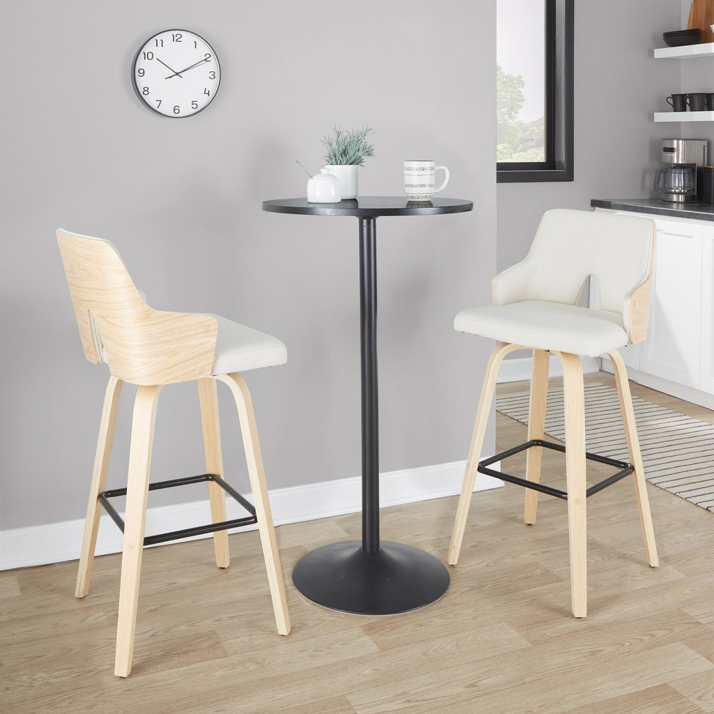 Stella 30" Fixed-Height Barstool - Set of 2 - Natural Wood, Cream Fabric, Black Metal