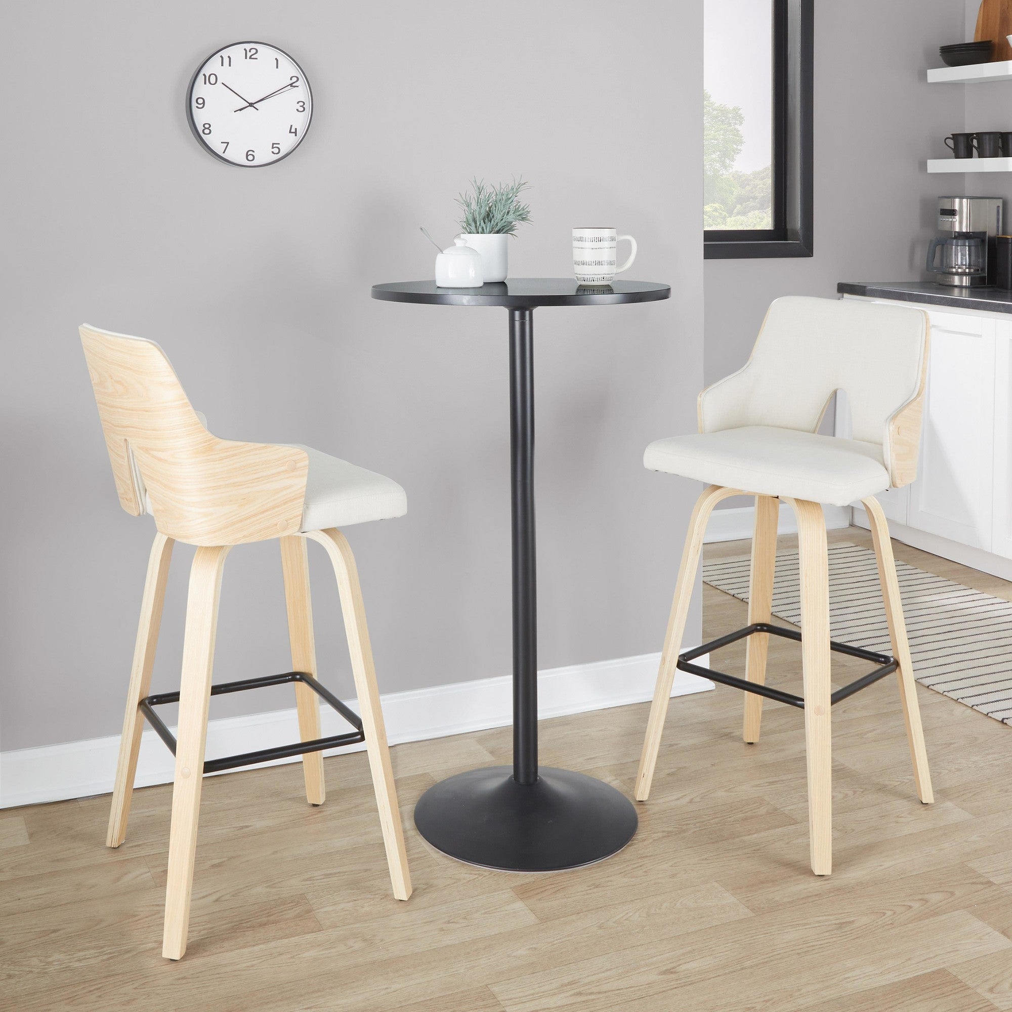 Stella 30" Fixed-Height Barstool - Set of 2 - Natural Wood, Cream Fabric, Black Metal