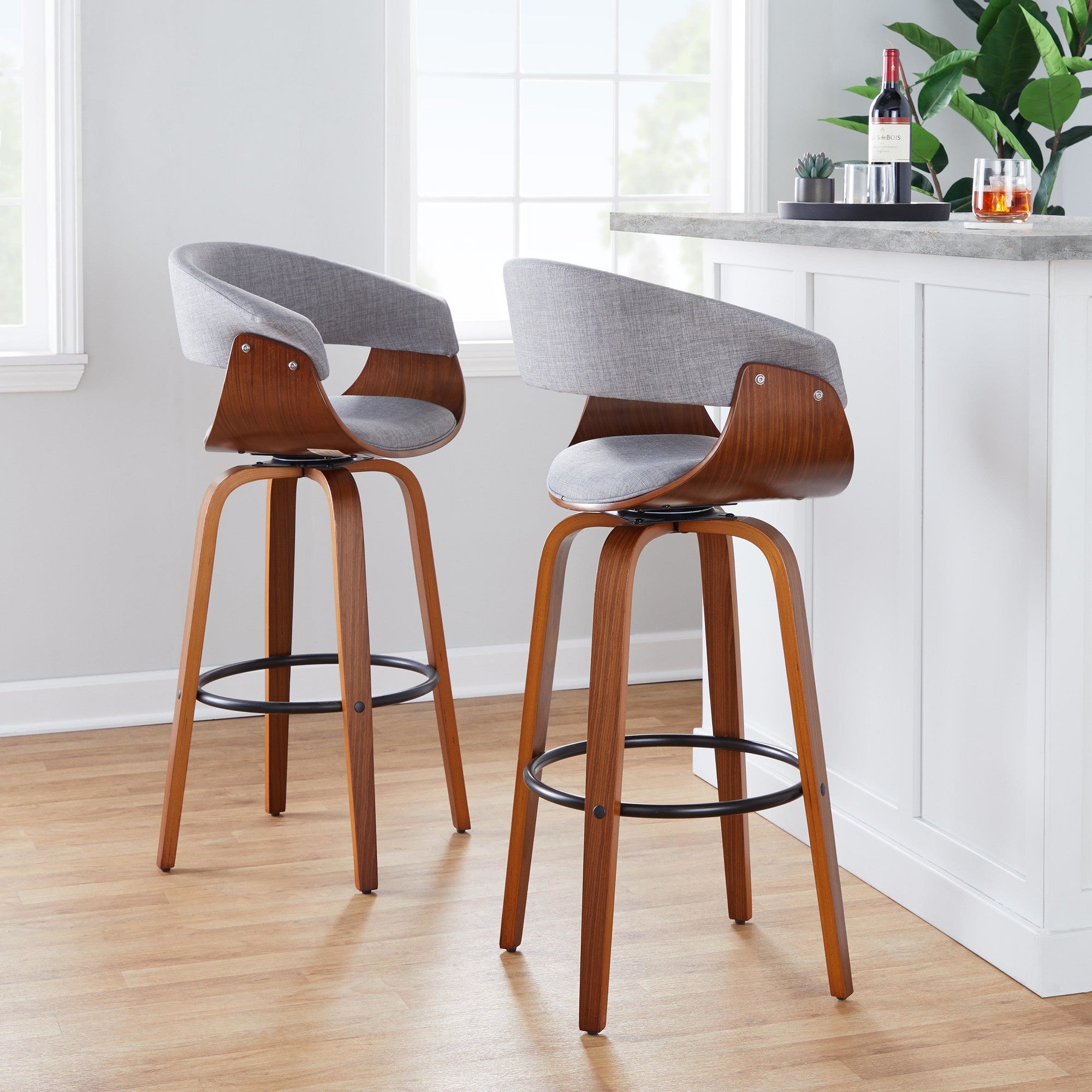 Vintage Mod 30" Fixed-Height Barstool - Set of 2 - Walnut Wood, Black Metal, Light Grey Fabric