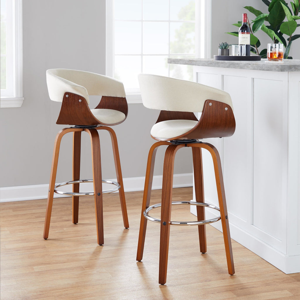 Vintage Mod 30" Fixed-Height Barstool - Set of 2 - Walnut Wood, Chrome Metal, Cream Fabric