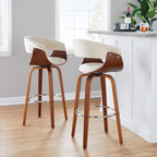 Vintage Mod 30" Fixed-Height Barstool - Set of 2 - Walnut Wood, Chrome Metal, Cream Fabric