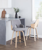 Stella 24" Fixed-Height Counter Stool - Set of 2 - Natural Wood, Light Grey Fabric, Black Metal