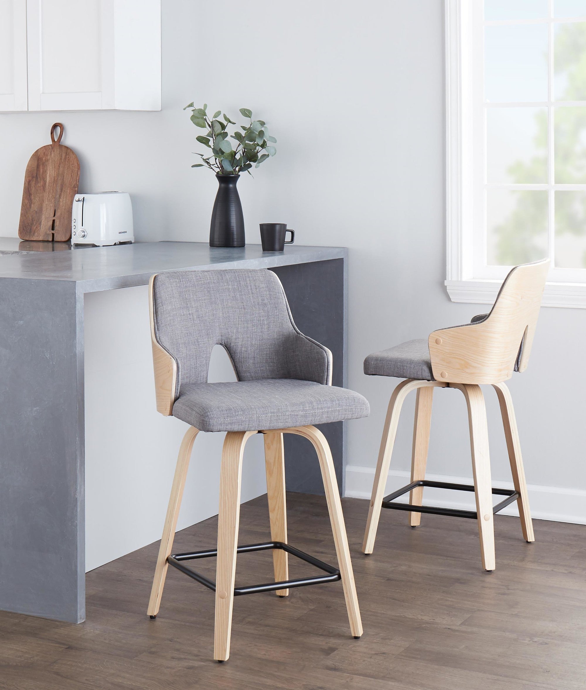 Stella 24" Fixed-Height Counter Stool - Set of 2 - Natural Wood, Light Grey Fabric, Black Metal