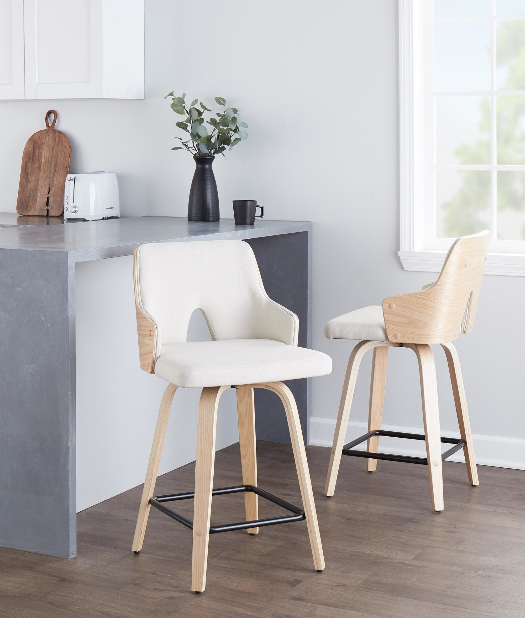 Stella 24" Fixed-Height Counter Stool - Set of 2 - Natural Wood, Cream Fabric, Black Metal