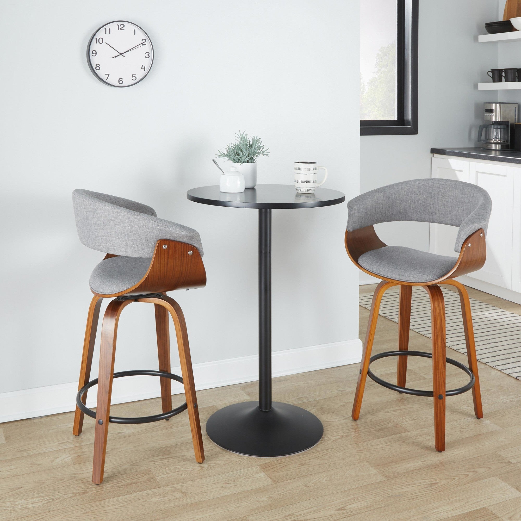 Vintage Mod 26" Fixed-Height Counter Stool - Set of 2 - Walnut Wood, Black Metal, Light Grey Fabric