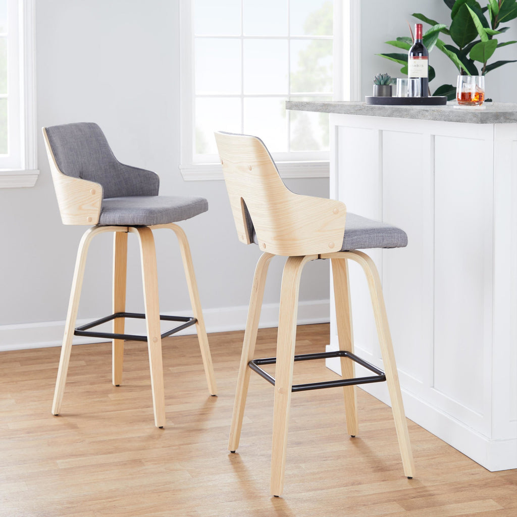 Stella 30" Fixed-Height Barstool - Set of 2 - Natural Wood, Light Grey Fabric, Black Metal