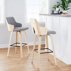 Stella 30" Fixed-Height Barstool - Set of 2 - Natural Wood, Light Grey Fabric, Black Metal