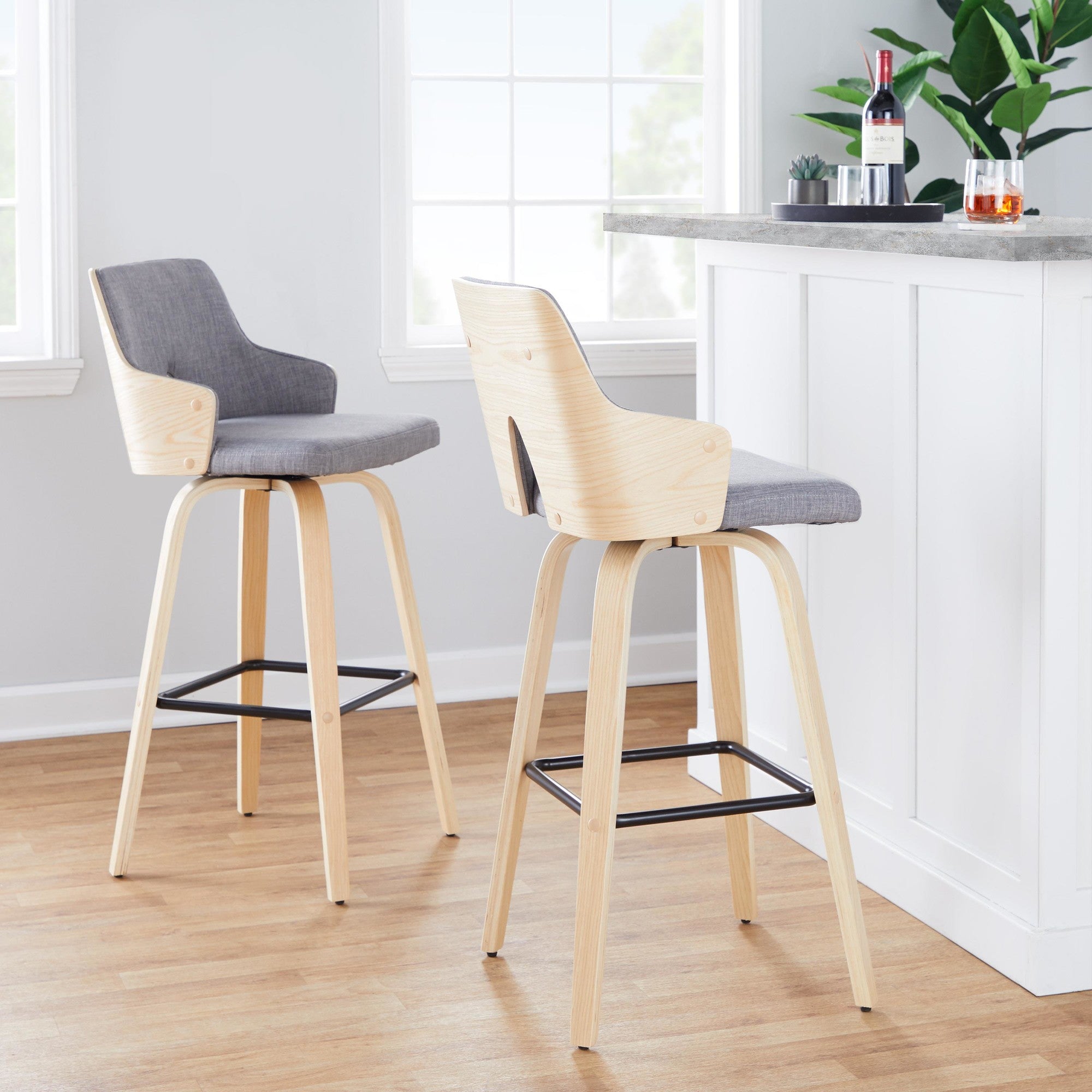 Stella 30" Fixed-Height Barstool - Set of 2 - Natural Wood, Light Grey Fabric, Black Metal