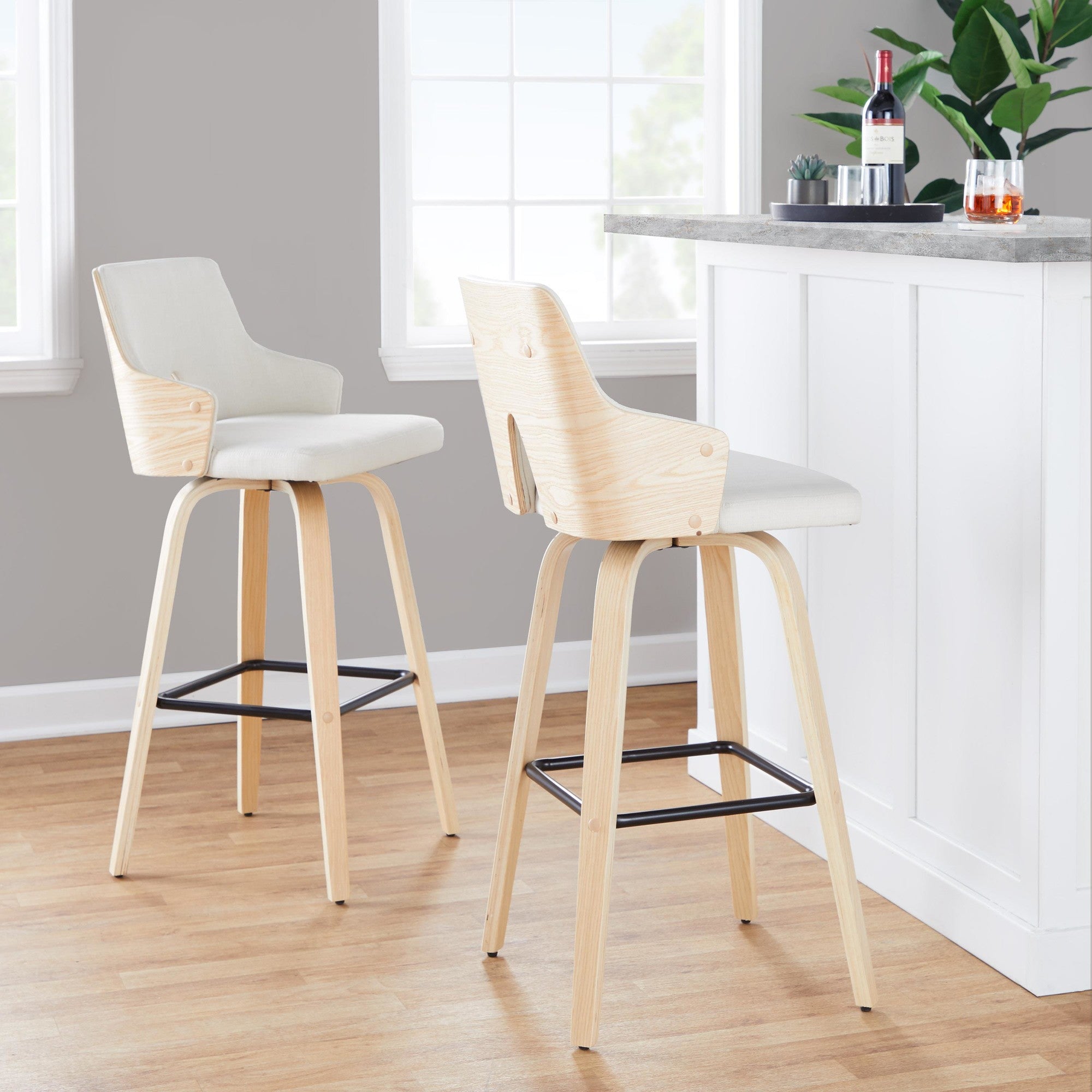 Stella 30" Fixed-Height Barstool - Set of 2 - Natural Wood, Cream Fabric, Black Metal