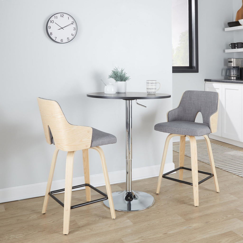 Stella 24" Fixed-Height Counter Stool - Set of 2 - Natural Wood, Light Grey Fabric, Black Metal