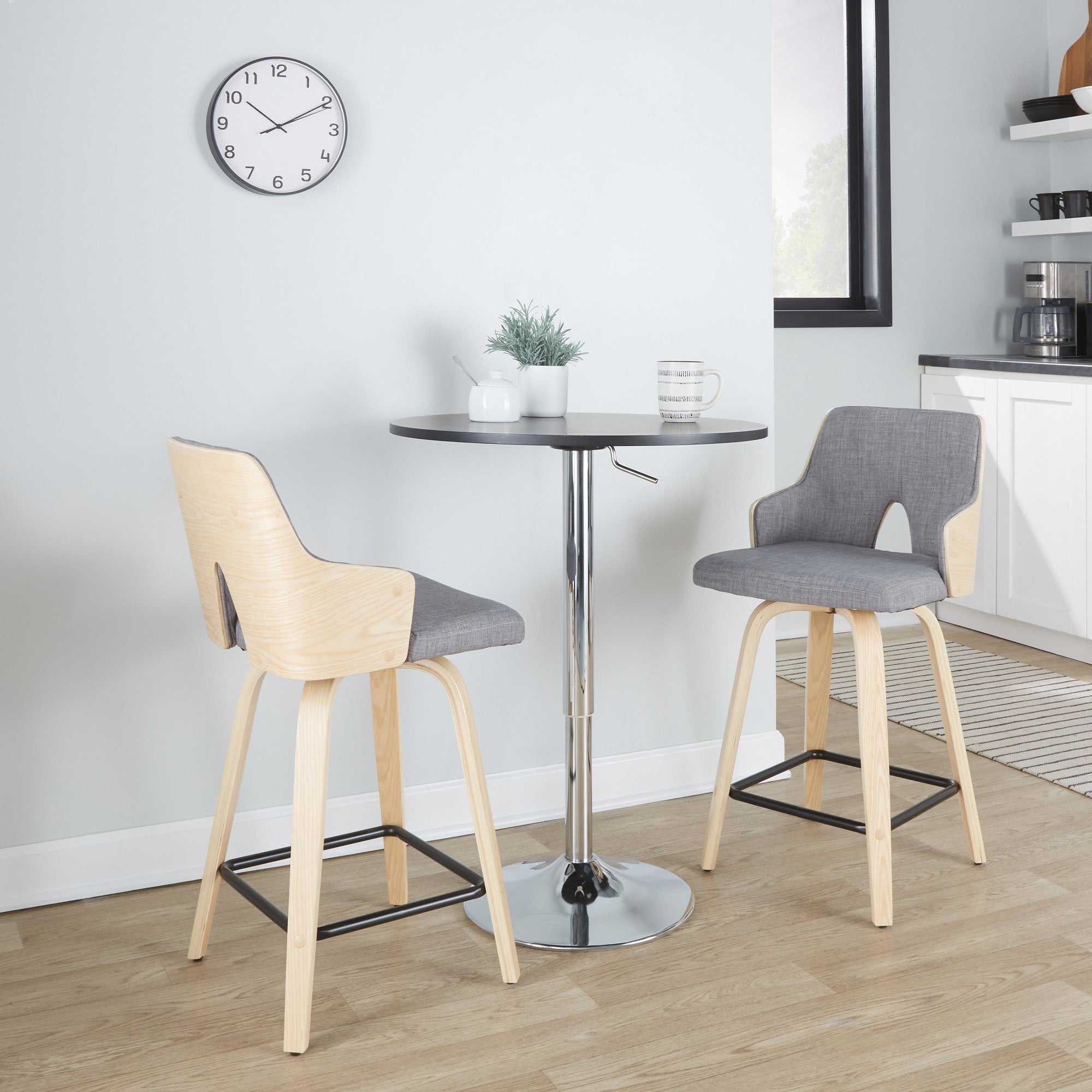 Stella 24" Fixed-Height Counter Stool - Set of 2 - Natural Wood, Light Grey Fabric, Black Metal