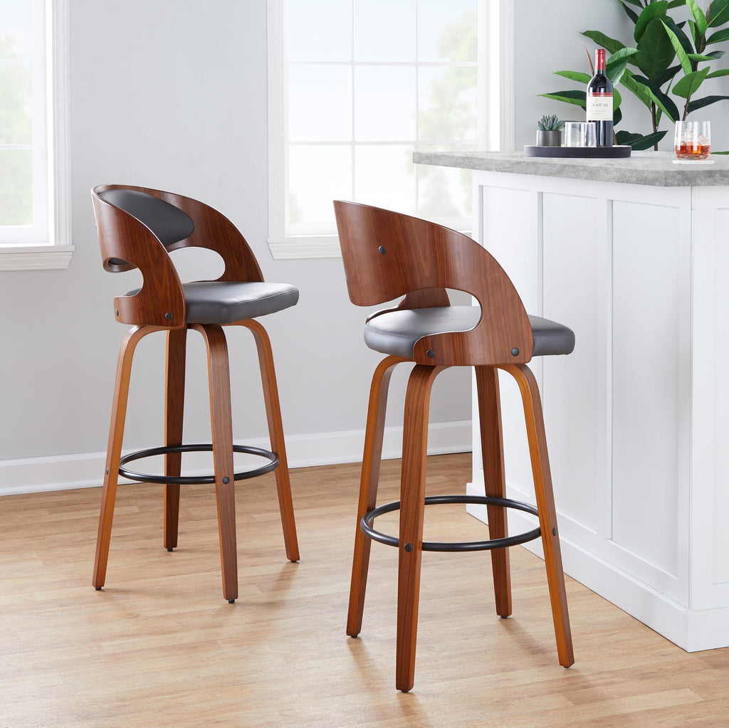 Pino 30" Fixed-Height Barstool - Set of 2 - Walnut Wood, Grey PU, Black Metal