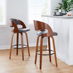 Pino 30" Fixed-Height Barstool - Set of 2 - Walnut Wood, Grey PU, Black Metal