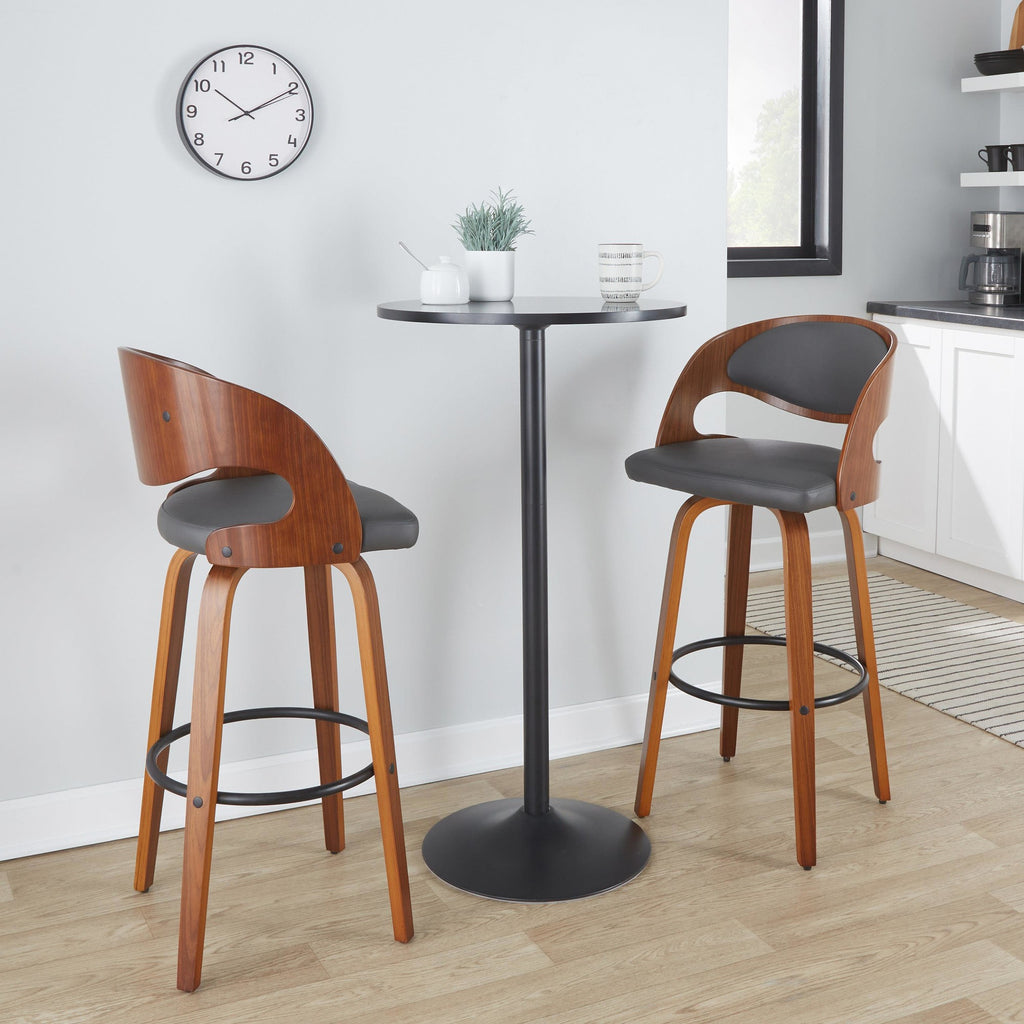 Pino 30" Fixed-Height Barstool - Set of 2 - Walnut Wood, Grey PU, Black Metal