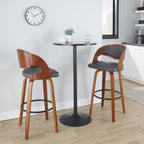 Pino 30" Fixed-Height Barstool - Set of 2 - Walnut Wood, Grey PU, Black Metal