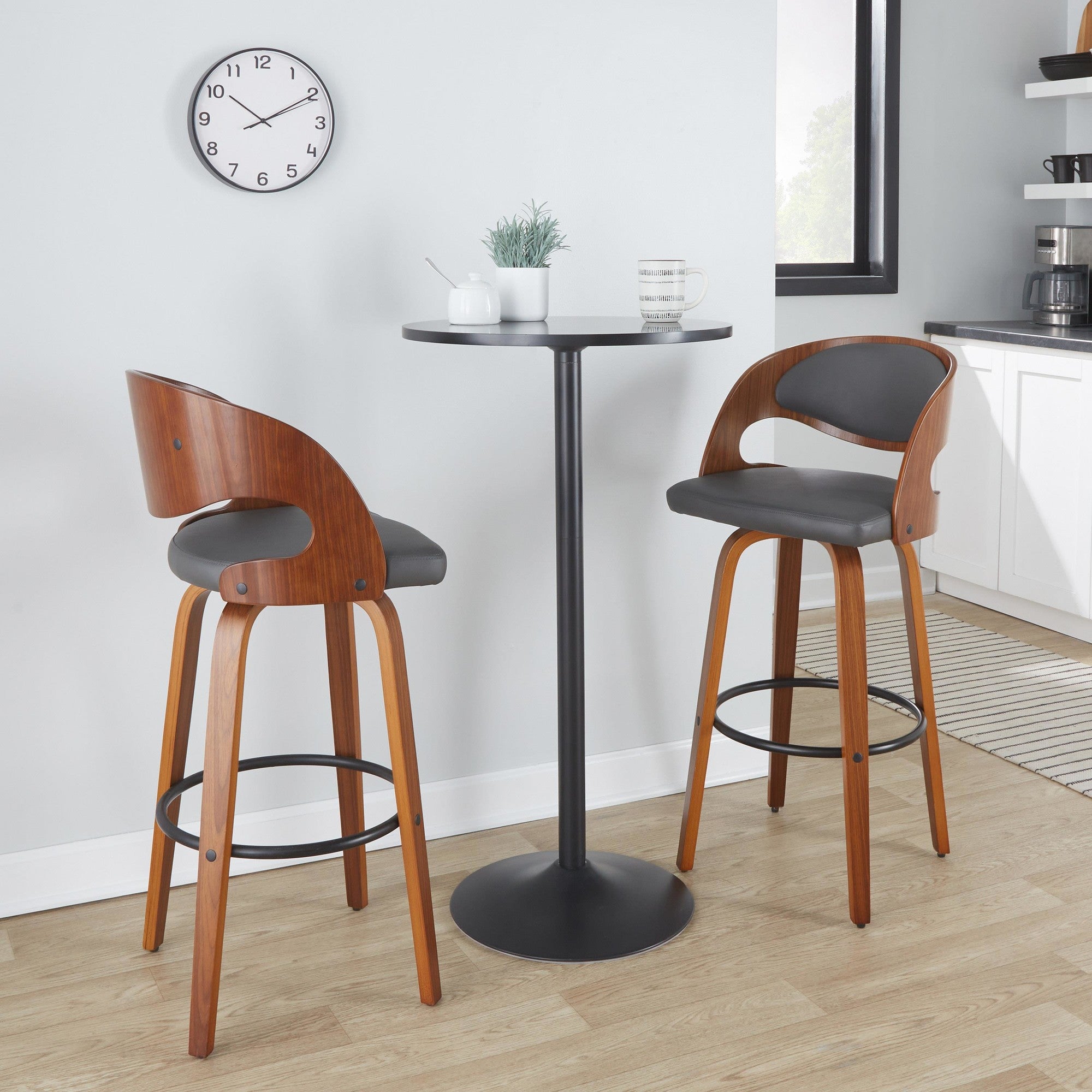 Pino 30" Fixed-Height Barstool - Set of 2 - Walnut Wood, Grey PU, Black Metal