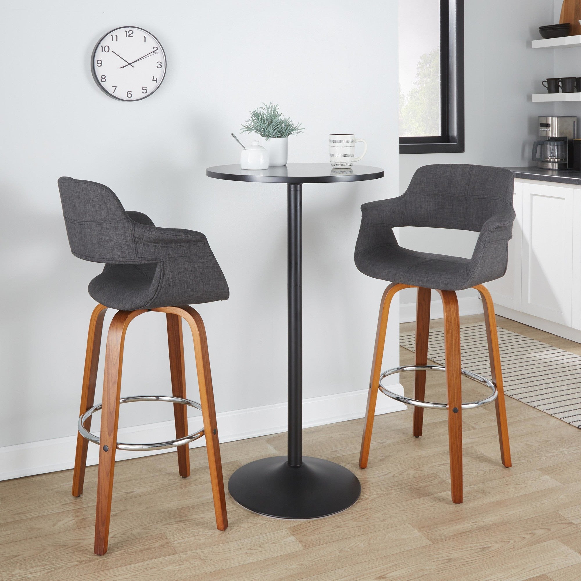 Vintage Flair 30" Fixed-Height Barstool - Set of 2 - Walnut Wood, Chrome Metal, Charcoal Fabric