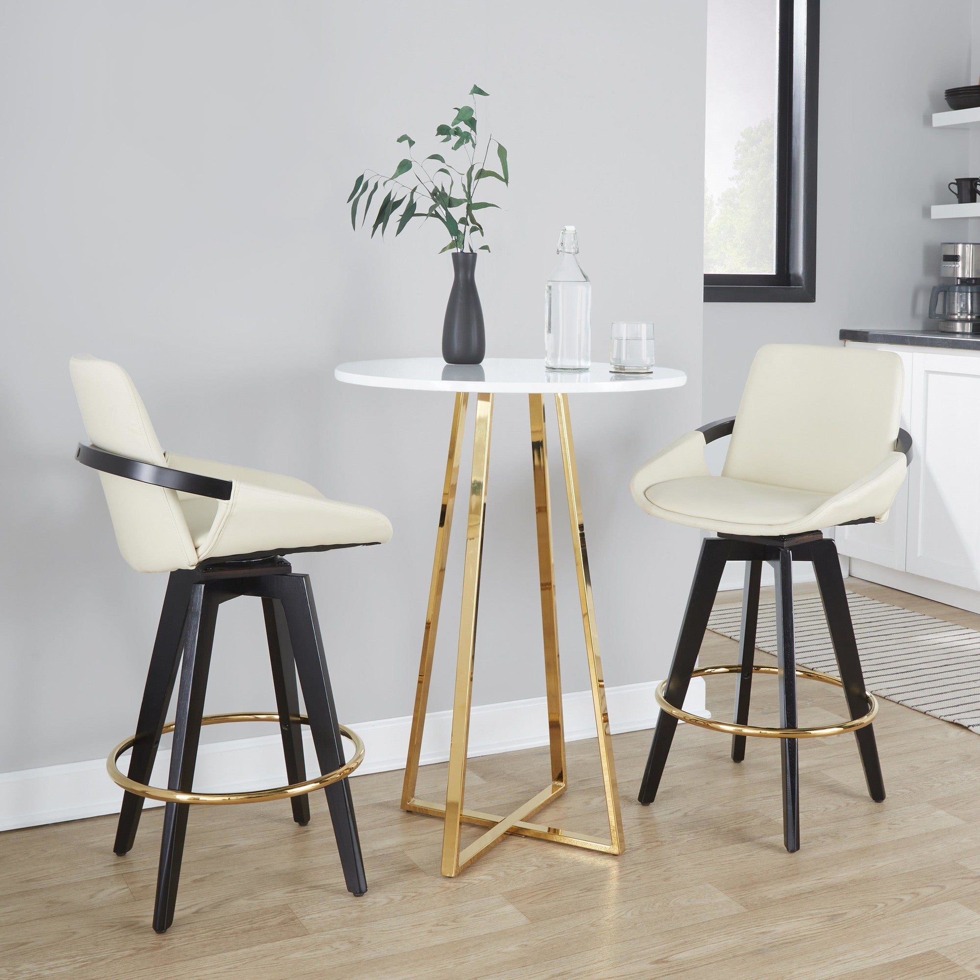 Cosmo 26" Fixed-Height Counter Stool - Set of 2 - Black Wood, Gold Metal, Cream PU