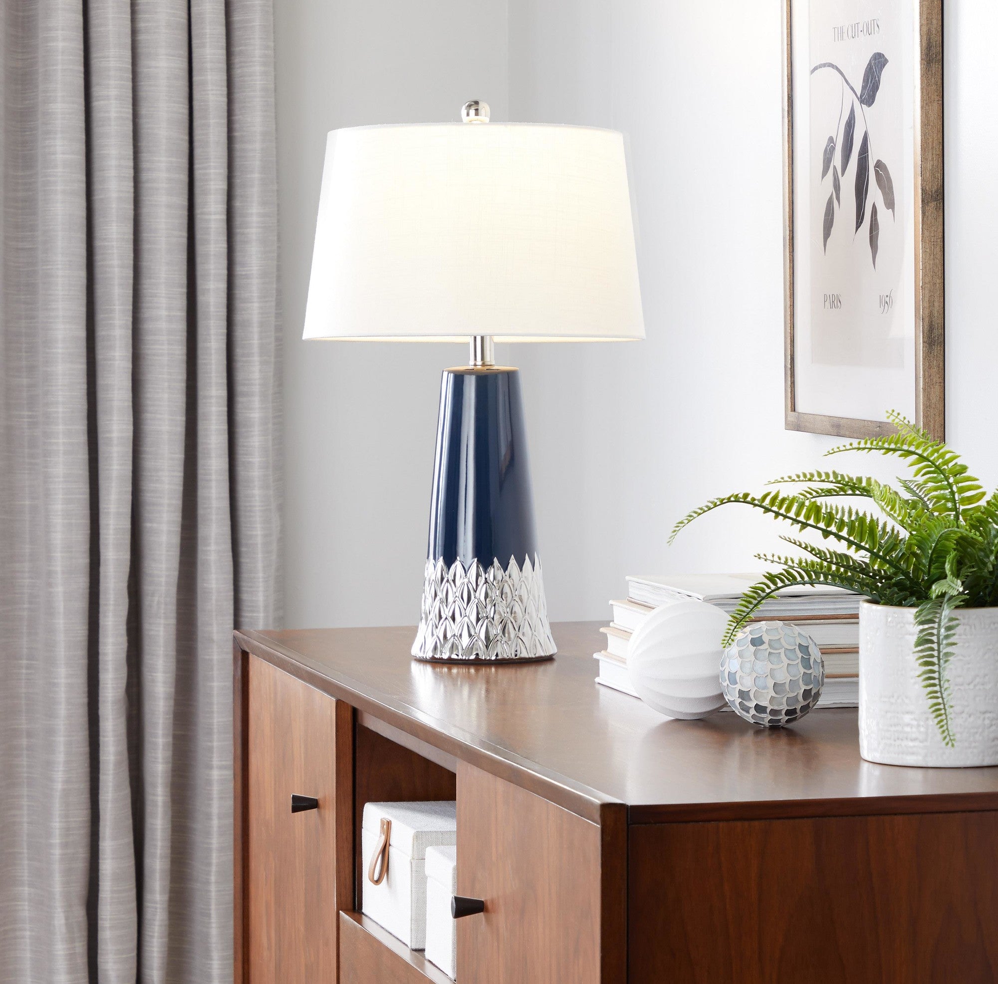 Penelope 22" Ceramic Table Lamp - Dark Blue & Silver Ceramic Body, White Shade
