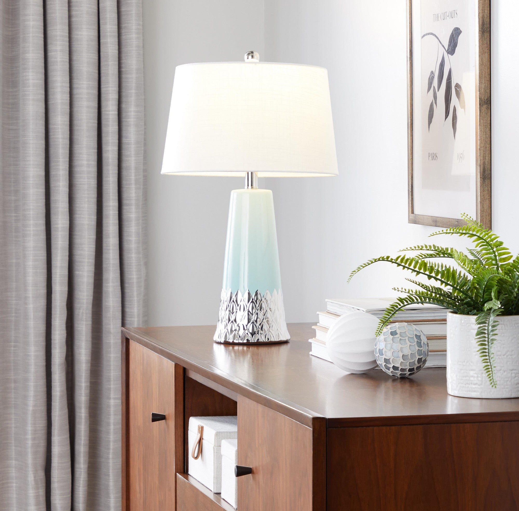 Penelope 22" Ceramic Table Lamp - Tiffany Blue & Silver Ceramic Body, White Shade