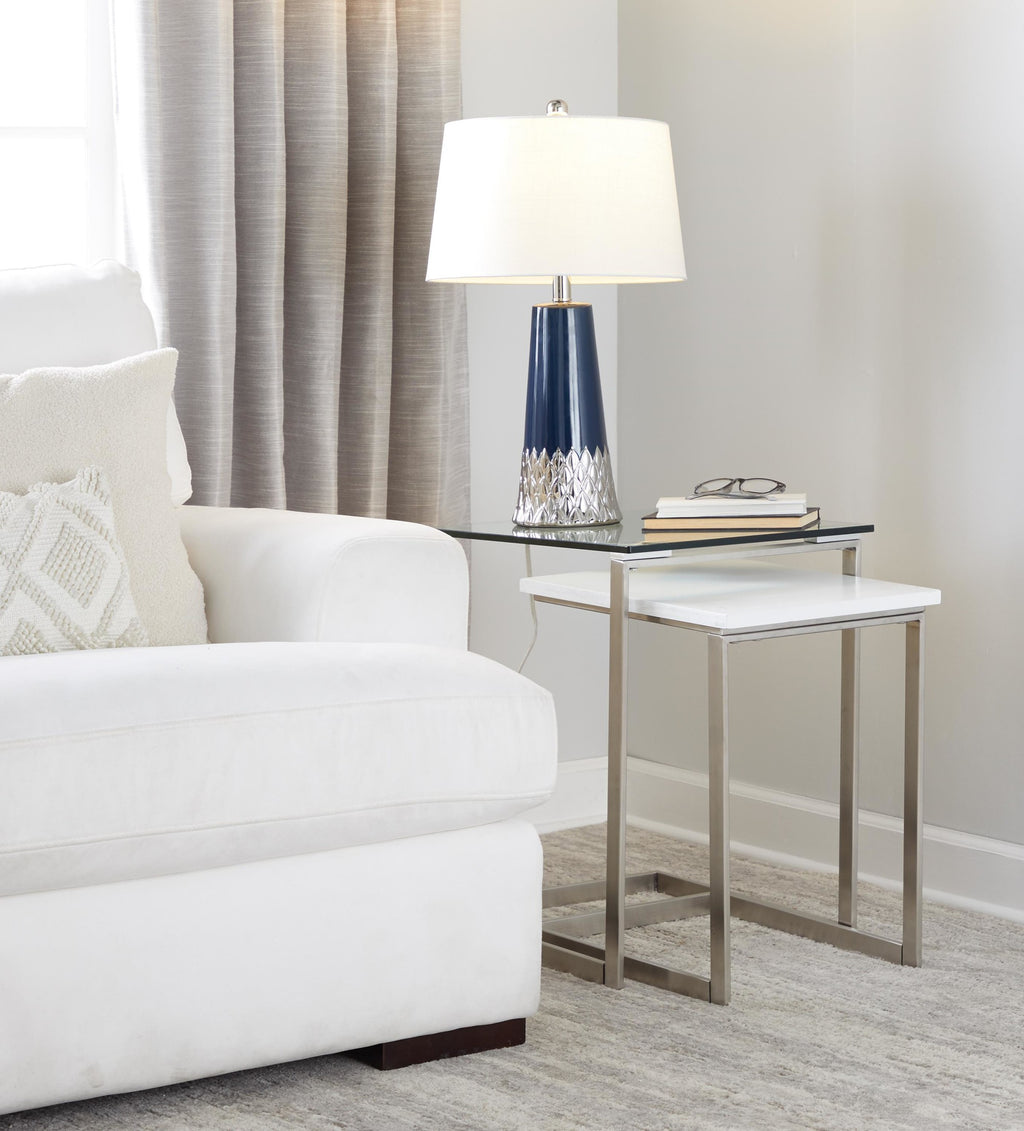 Penelope 22" Ceramic Table Lamp - Dark Blue & Silver Ceramic Body, White Shade