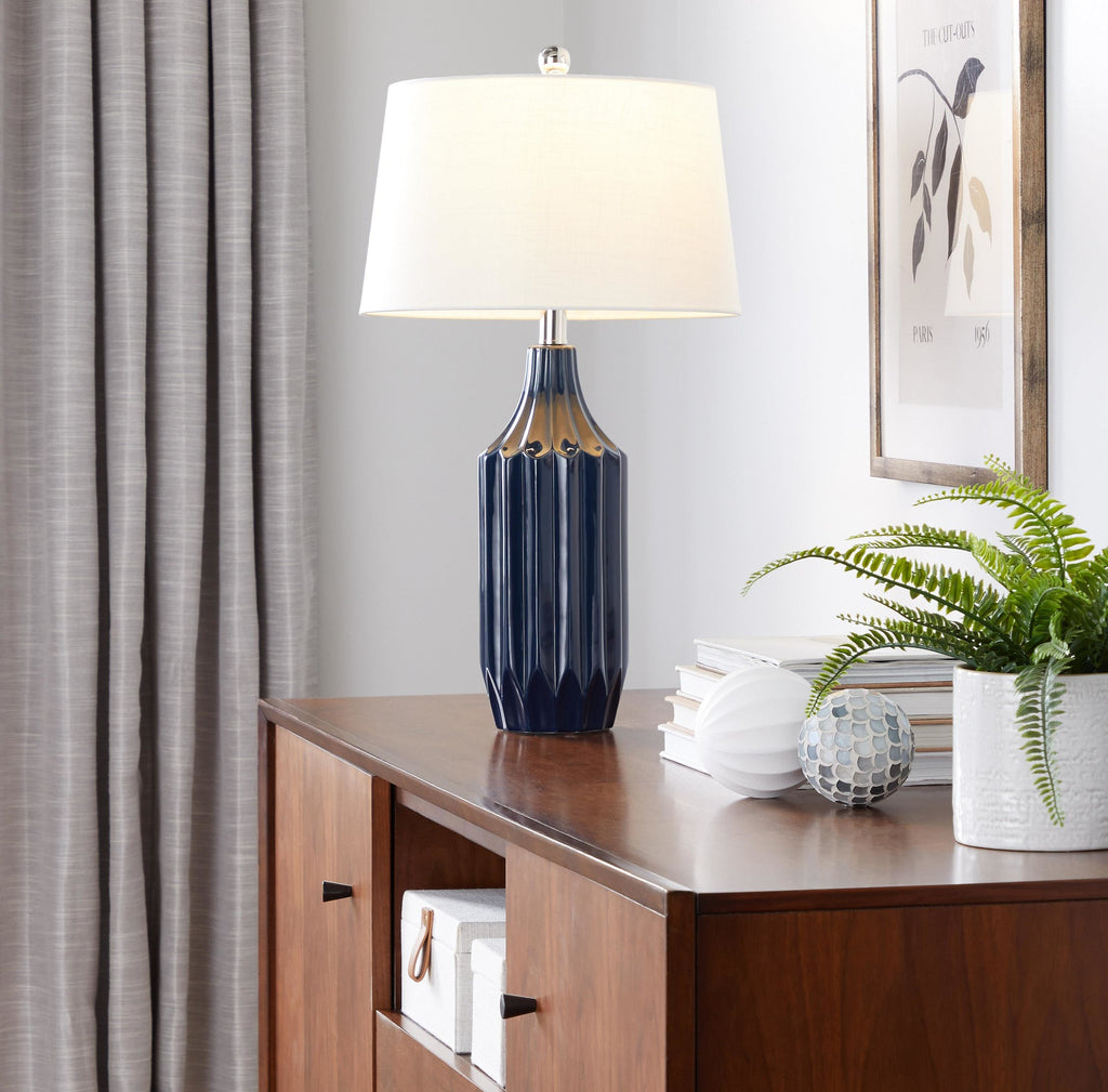 Stella 23" Ceramic Table Lamp - Gloss Dark Blue Ceramic , White Shade