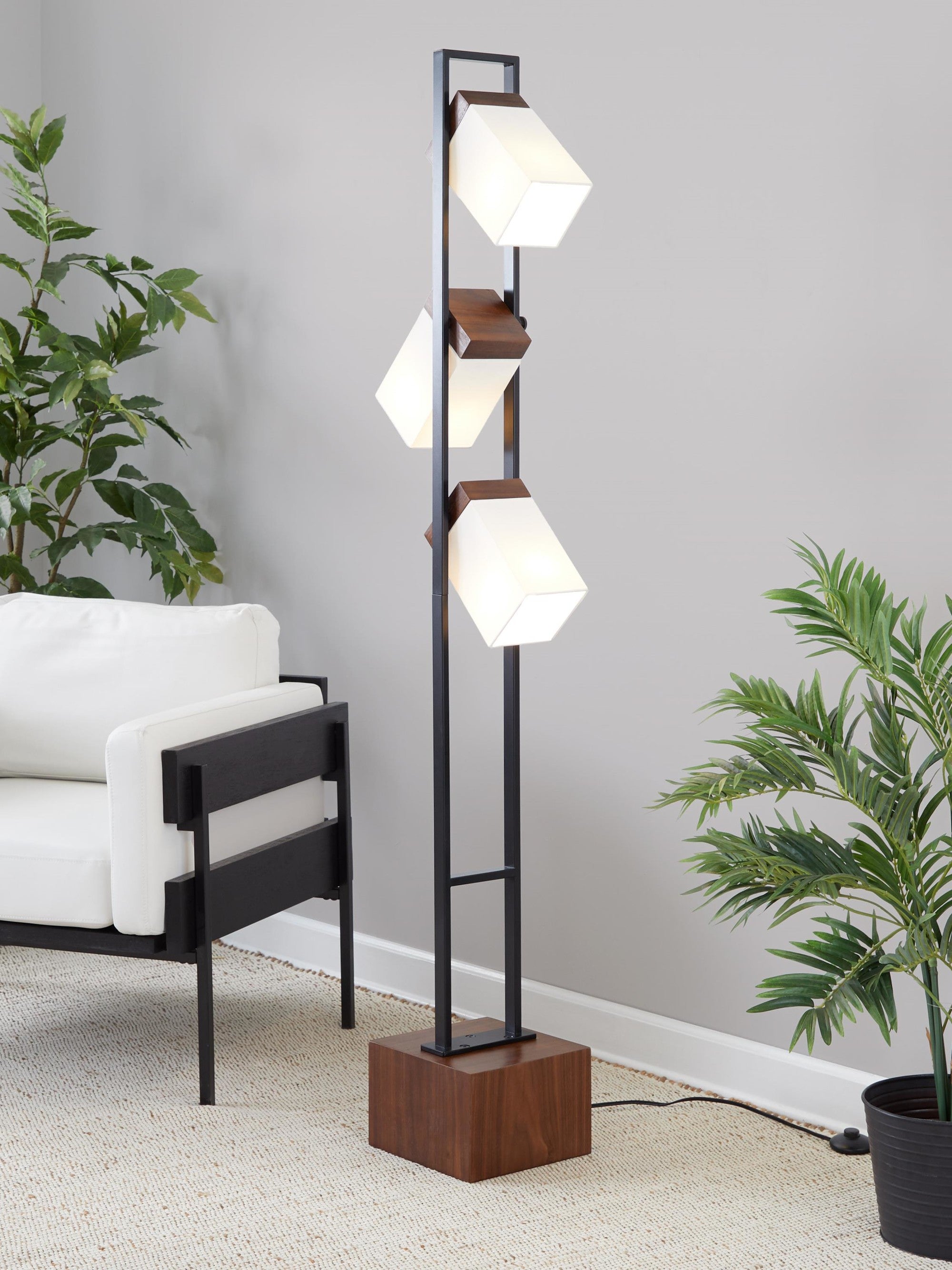 Bento 67" Metal Floor Lamp - Black Metal, Walnut Wood, White Shade
