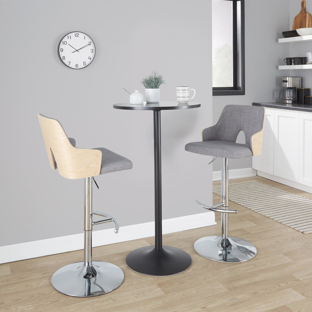Stella Adjustable Barstool - Set of 2 - Chrome Metal, Natural Wood, Light Grey Fabric