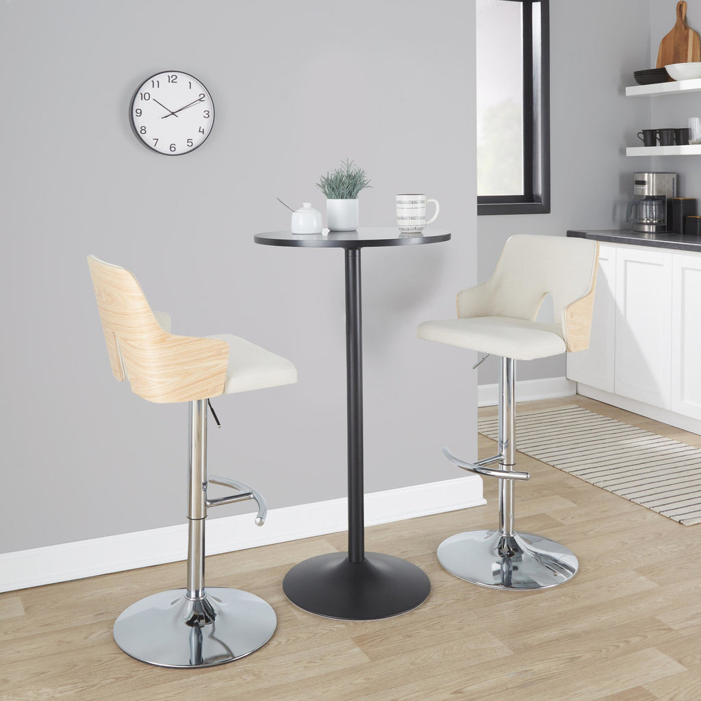 Stella Adjustable Barstool - Set of 2 - Chrome Metal, Natural Wood, Cream Fabric