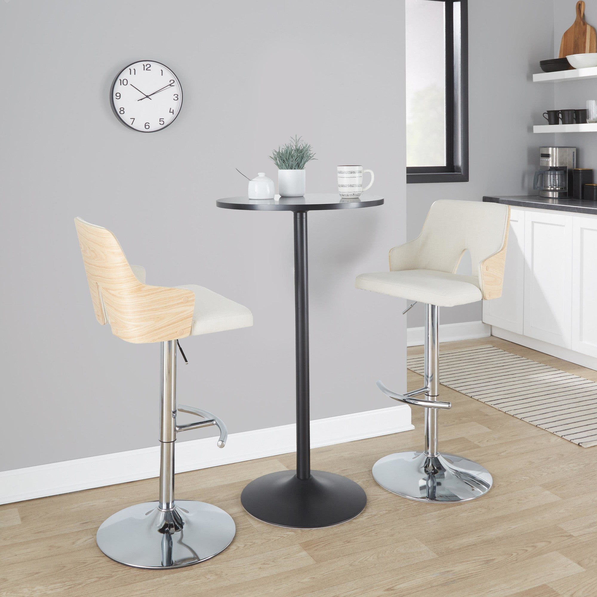Stella Adjustable Barstool - Set of 2 - Chrome Metal, Natural Wood, Cream Fabric