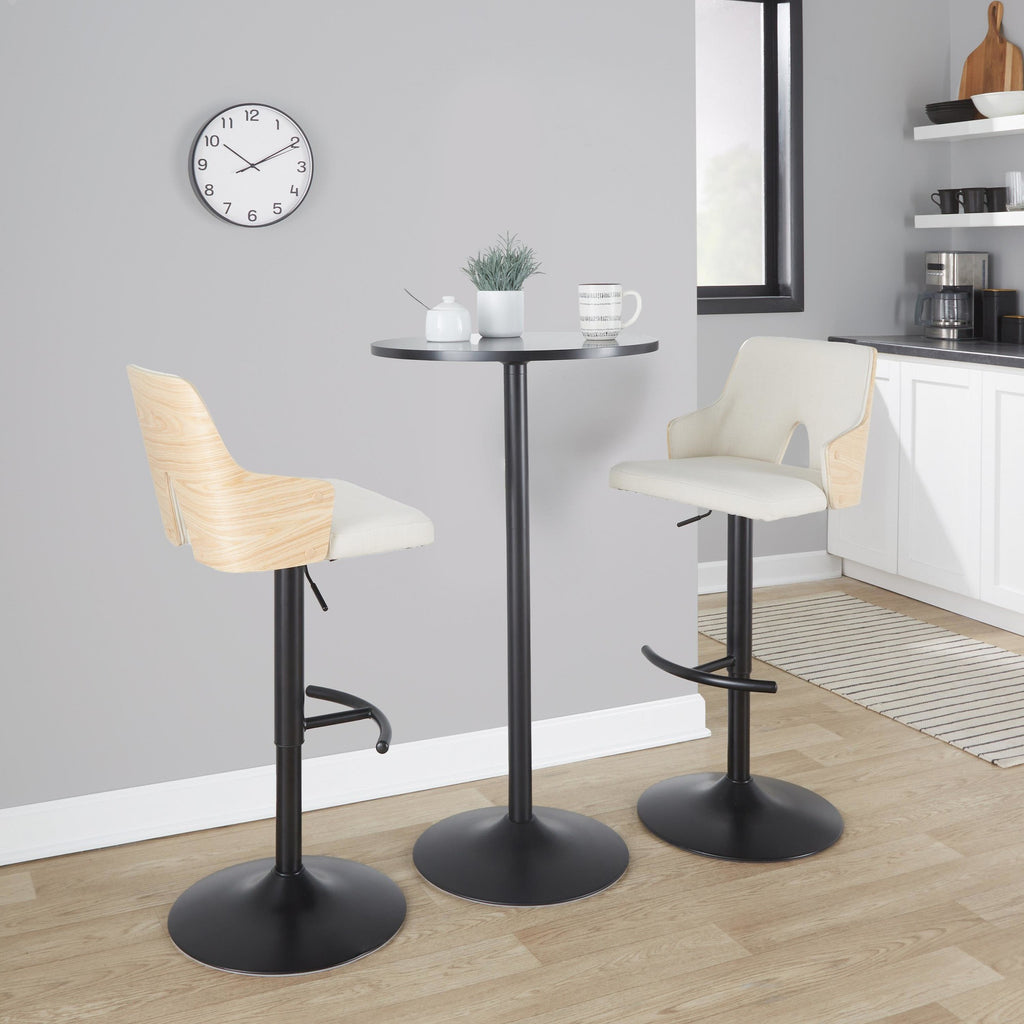 Stella Adjustable Barstool - Set of 2 - Black Metal, Natural Wood, Cream Fabric