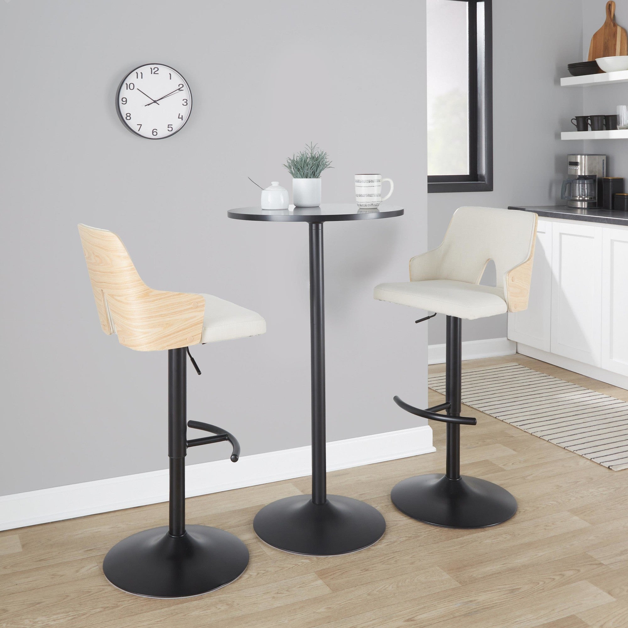 Stella Adjustable Barstool - Set of 2 - Black Metal, Natural Wood, Cream Fabric