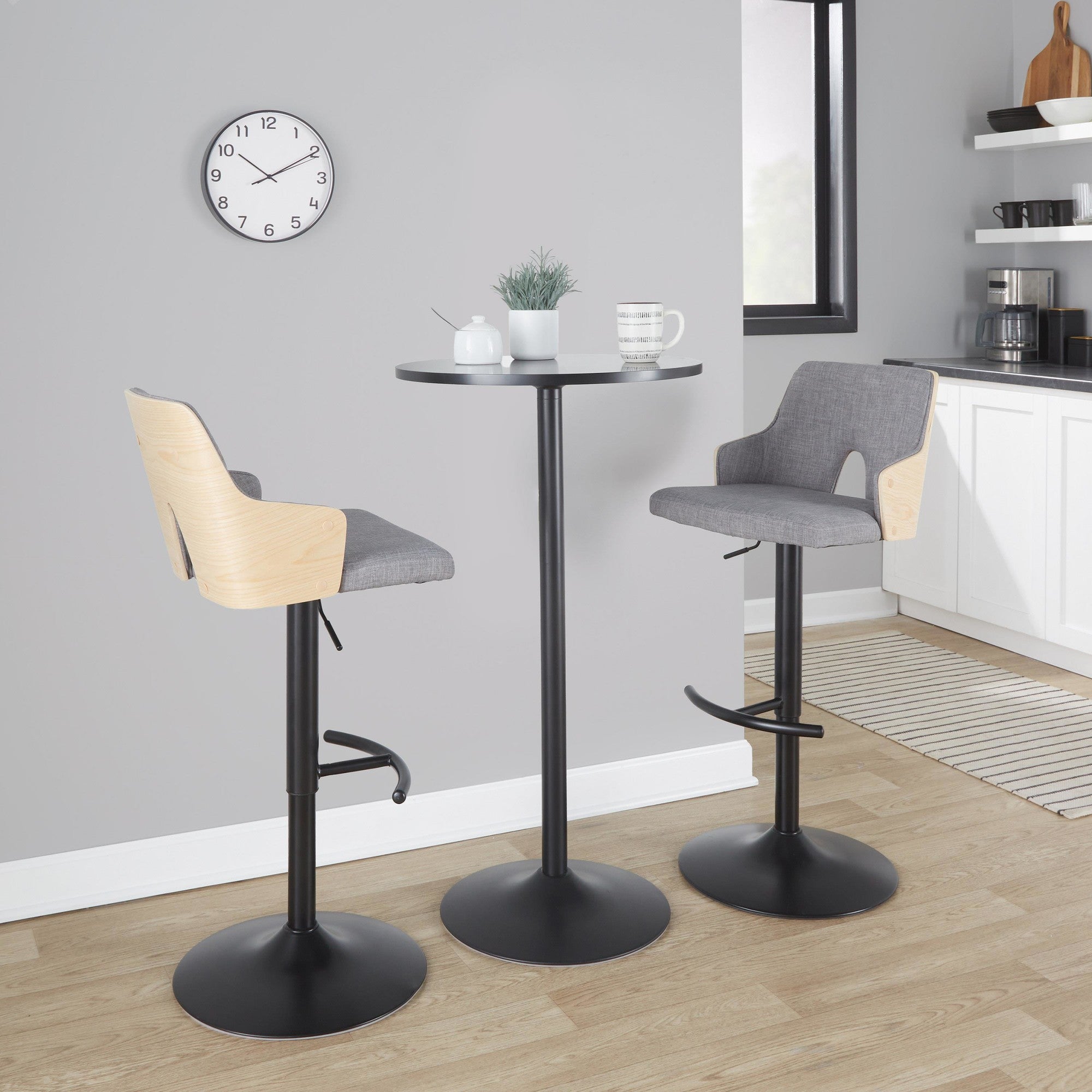 Stella Adjustable Barstool - Set of 2 - Black Metal, Natural Wood, Light Grey Fabric