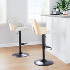 Stella Adjustable Barstool - Set of 2 - Black Metal, Natural Wood, Cream Fabric