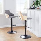 Stella Adjustable Barstool - Set of 2 - Black Metal, Natural Wood, Light Grey Fabric